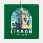 Adorno De Cerámica Lisboa Portugal Belem Tower Travel Retro Emblem<br><div class="desc">Lisboa Portugal diseño de viajes retro exhibiendo la Torre Belém. La Torre de Belém,  oficialmente la Torre de San Vicente,  es una fortaleza del siglo XVI situada en Lisboa que sirvió como punto de embarque y desembarque para los exploradores portugueses, </div>