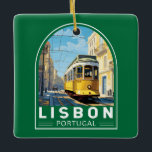 Adorno De Cerámica Lisboa Portugal Tramo Amarillo Viaje Arte Vintage<br><div class="desc">Diseño de viajes vectoriales retro de Lisboa en un estilo emblemático. Una próspera ciudad portuaria situada en el estuario del río Tajo,  conocida por sus antiguos edificios de color pastel.</div>