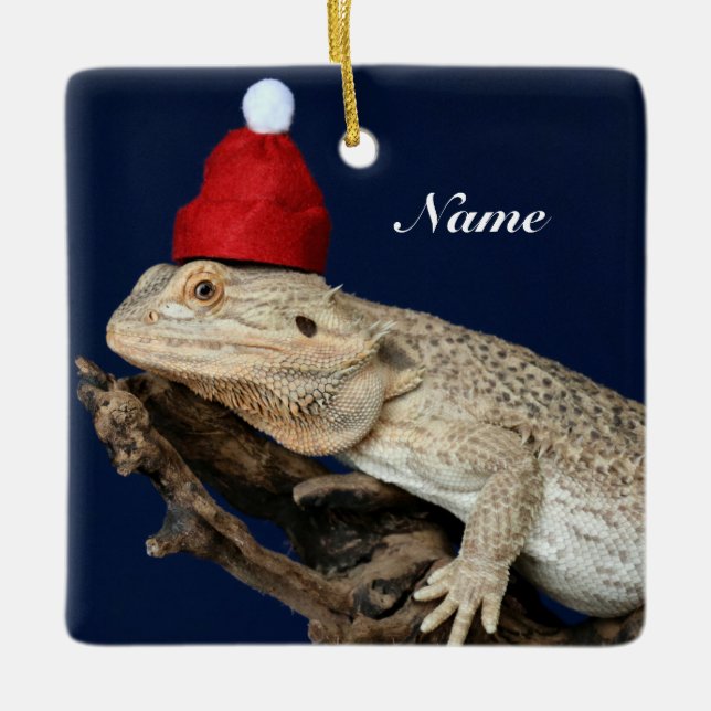Adorno De Cerámica Lizard Dragon con barba personalizada - Santa Hat (Anverso)