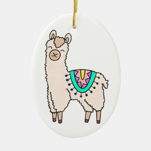 Adorno De Cerámica llama alpaca de dibujos animados sonriendo feliz