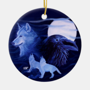 Adorno De Cerámica Lobo and Raven with full moon