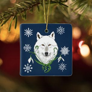 Adorno De Cerámica Lobo Ártico Blanco Místico Flor de Invierno Azul
