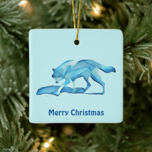 Adorno De Cerámica Lobo Azul En Nieve