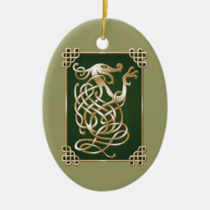 Adorno De Cerámica Lobo Celta - Fondo Verde