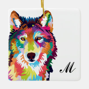 Adorno De Cerámica Lobo de arte pop colorido Monogramado