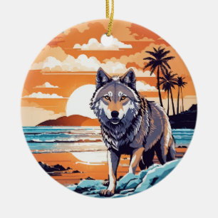 Adorno De Cerámica Lobo en la playa