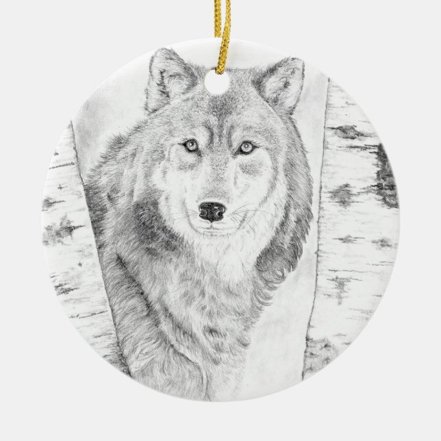 Adorno De Cerámica Lobo entre los árboles de Birch (Frente)