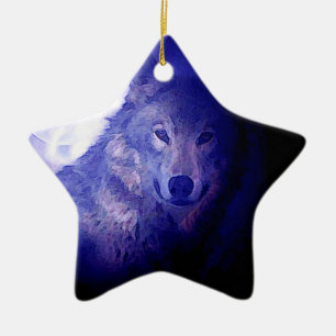 Adorno De Cerámica Lobo, luna y noche azul