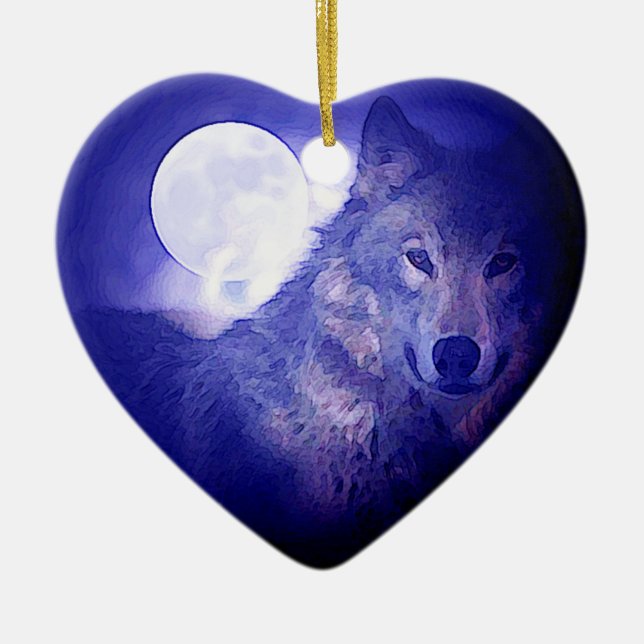 Adorno De Cerámica Lobo, luna y noche azul (Frente)