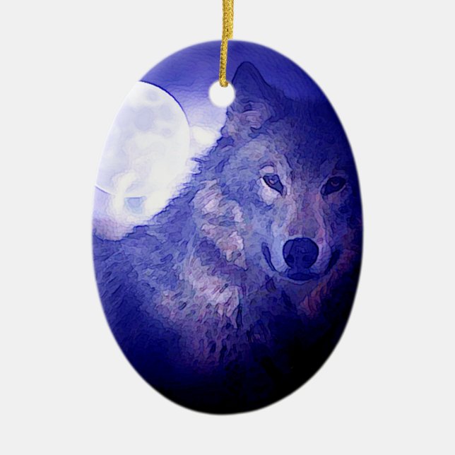 Adorno De Cerámica Lobo, luna y noche azul (Frente)