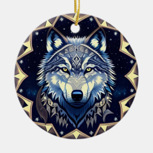 Adorno De Cerámica Lobo Majestuoso Bajo Cielo Estrellado