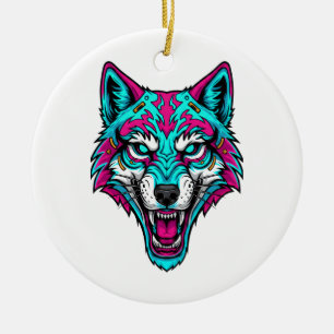 Adorno De Cerámica Lobo Neon Cyberpunk - Animal Robótico Synthwave