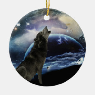 Adorno De Cerámica Lobo que grita en el árbol de navidad de la luna