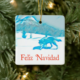 Adorno De Cerámica Lobo solitario en invierno - Feliz Navidad