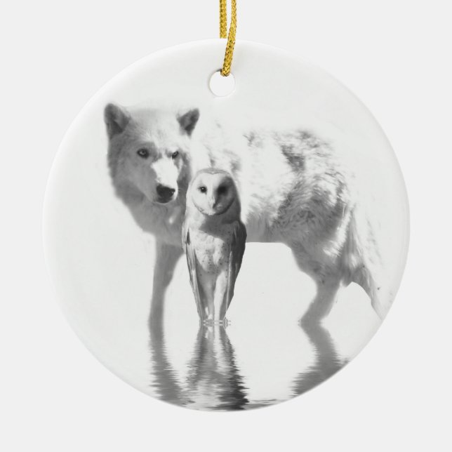 Adorno De Cerámica Lobo y Búho (Frente)