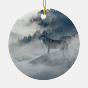Adorno De Cerámica Lobos majestuosos en la niebla forestal