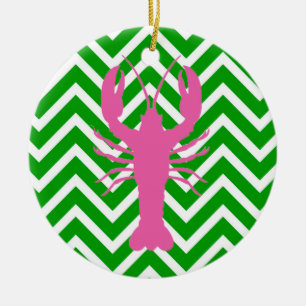 Adorno De Cerámica Lobster rosa y Monograma Chevron verde