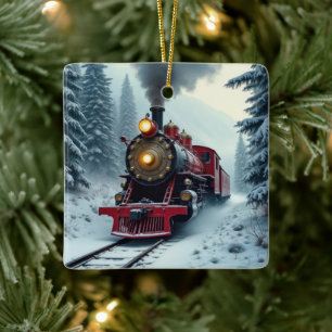 Adorno De Cerámica Locomotora de Vapor Antigua en Bosques de Invierno