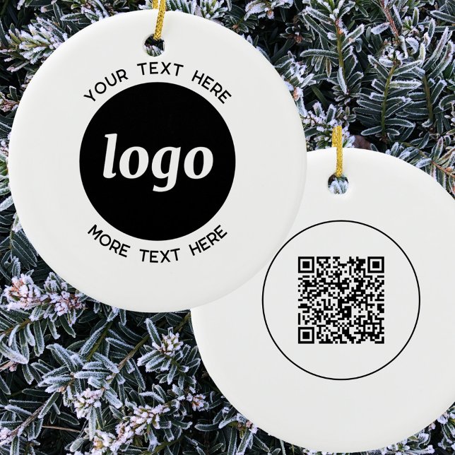 Adorno De Cerámica Logotipo simple y código QR de texto (Simple logo with custom text and QR code small business promotional branding ceramic ornament )