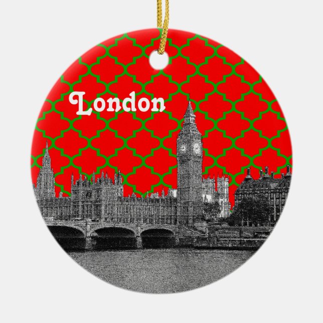 Adorno De Cerámica Londres Skyline Etch Green Red Quatrefoil BG Xmas (Frente)