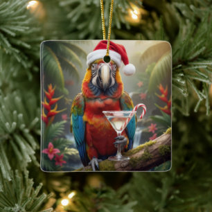 Adorno De Cerámica Loro Guacamayo de Navidad con Cóctel Martini