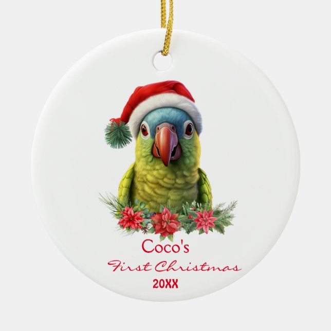 Adorno De Cerámica Loro lindo en Santa Hat personalizado (Frente)