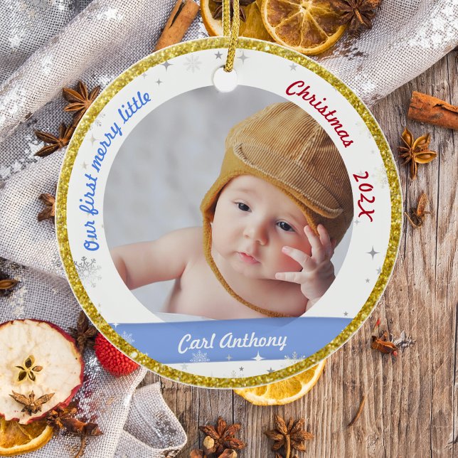 Adorno De Cerámica Los Chicas gemelos son los primeros pequeños Navid (Modern Elegant Cute Our First Merry Little Christmas Twin Baby Boys 2 Photos Snowflakes Golden Frame)