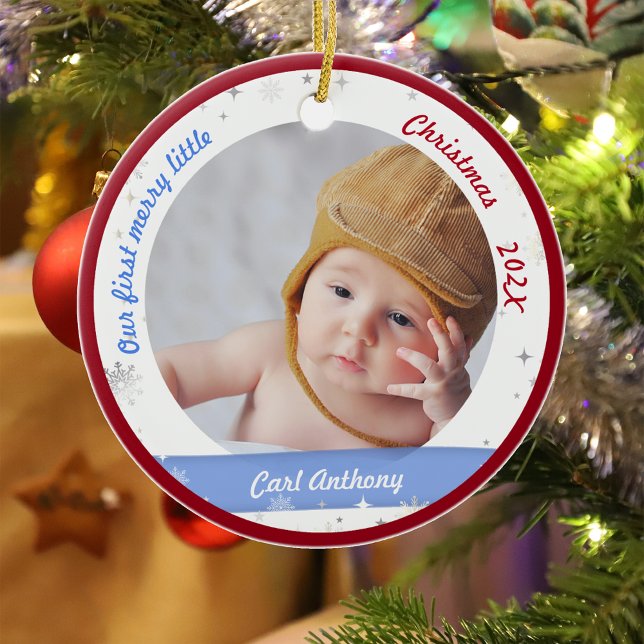 Adorno De Cerámica Los Chicas gemelos son los primeros pequeños Navid (Modern Elegant Cute Our First Merry Little Christmas Twins Boy Girl 2 Photos Snowflakes Red Frame)