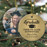 Adorno De Cerámica Los felicitaciones por la graduación fotográfica s<br><div class="desc">Conmemorar el logro de la graduación con un adorno navideño de Navidad con una foto personalizado de color negro y dorado. La imagen y todo el texto son simples para el personalizar. Incluya el nombre y el título de la escuela, felicitaciones, gracias mamá y papá, u otro mensaje de su...</div>