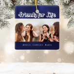 Adorno De Cerámica Los mejores amigos con nombres de fotos en blanco<br><div class="desc">Un regalo para tu(s) mejor(s) amigo(s) por cumpleaños,  Navidades o un evento especial. Texto negro: Amigos por la vida,  escrito con un guión a la moda. Personaliza y usa tu propia foto y nombres. Un fondo azul marino. El color azul es desigual.</div>
