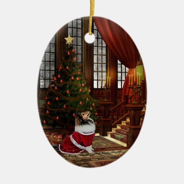 Adorno De Cerámica ¡Los navidades están aquí! Sheltie (Frente)