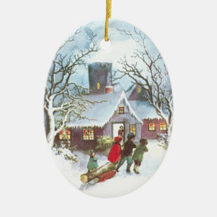 Adorno De Cerámica Los niños traen a casa navidad del vintage del