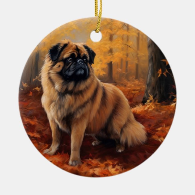 Adorno De Cerámica Los pekingeses en otoño se inspiran en las hojas (Frente)