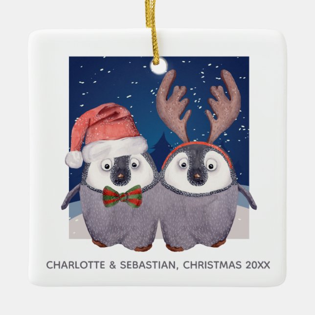 Adorno De Cerámica Los pingüinos adoran Santa y la pareja de renos (Anverso)