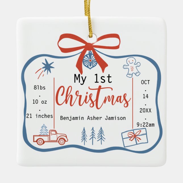 Adorno De Cerámica Los primeros Navidades del bebé rojo y azul (Anverso)