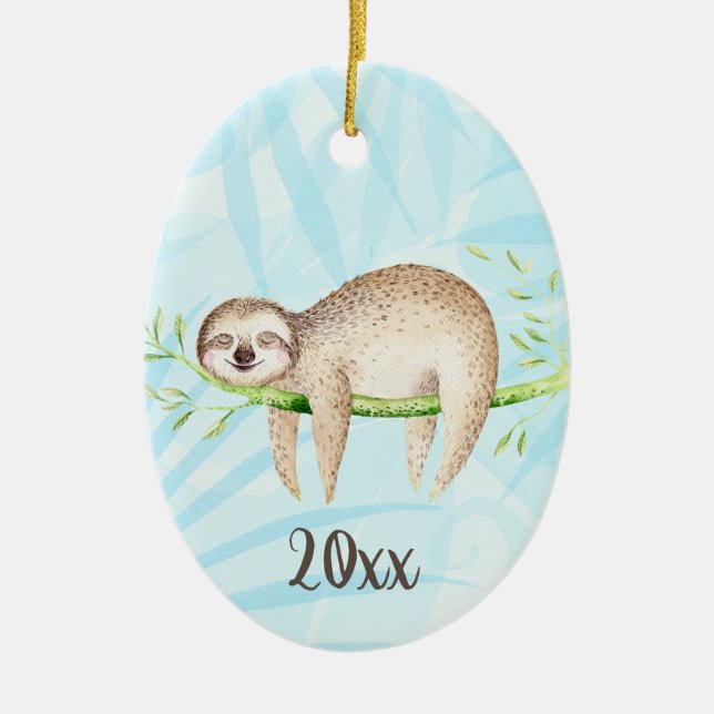 Adorno De Cerámica Lounging Sloth Keepsake Customizable Year (Frente)