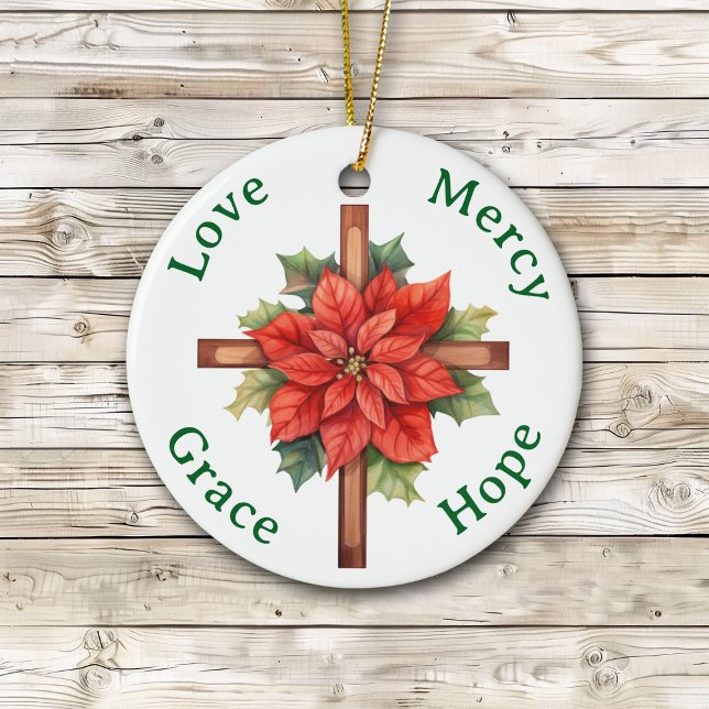 Adorno De Cerámica Love Mercy Grace Hope Poinsettia Cross Navidades (Subido por el creador)
