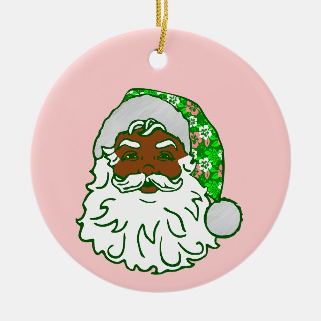 Adorno De Cerámica luau pink christmas hawaiian african black santa  (Frente)