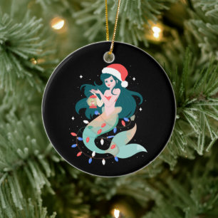 Adorno De Cerámica Luces de linterna de gorro de Santa Mermaid Navida
