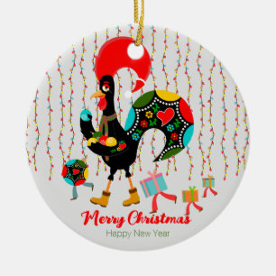 Adorno De Cerámica Luces de navidad, baubles, regalos y Rooster