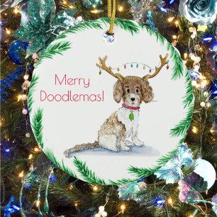 Adorno De Cerámica Luces de Navidad de Labradoodle con Acuarela y Cue