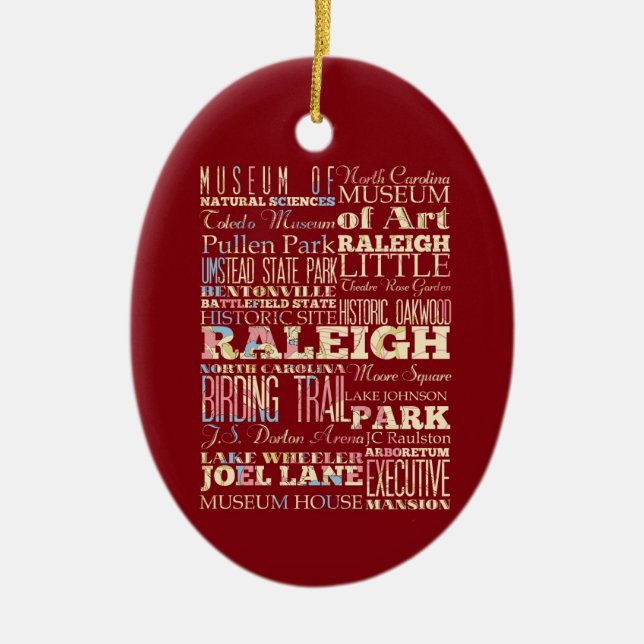Adorno De Cerámica Lugares famosos de Raleigh, Carolina del Norte. (Frente)