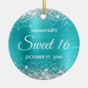 Adorno De Cerámica Luminoso Turquesa Azul Glitter Sweet 16
