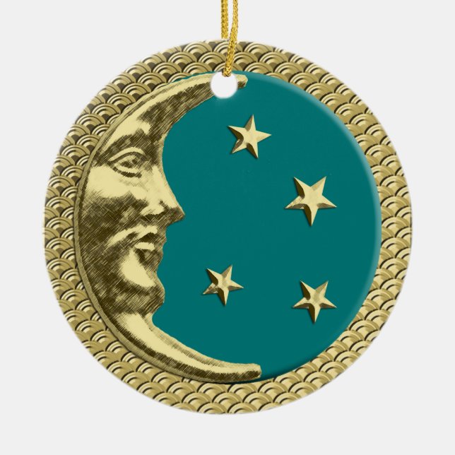 Adorno De Cerámica Luna de Art Deco y estrellas Verde azuladas en un  (Frente)