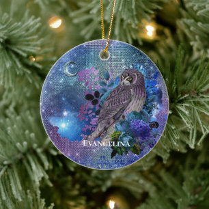 Adorno De Cerámica Luna de búho azul púrpura