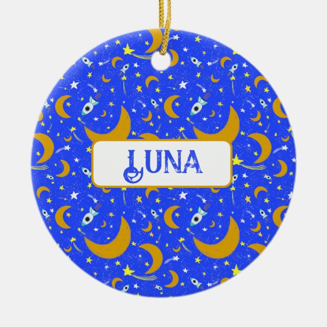 Adorno De Cerámica Luna de luna amarilla disparando cohetes espaciale (Frente)