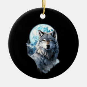 Adorno De Cerámica Luna del Lobo Gráfico Aullando ,Bajo Noche de Luna