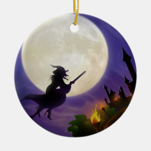 Adorno De Cerámica Luna llena de bruja de Halloween