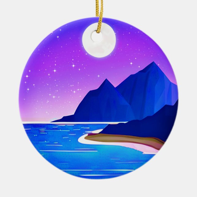Adorno De Cerámica Luna, mar de estrellas y montañas en violeta y azu (Frente)