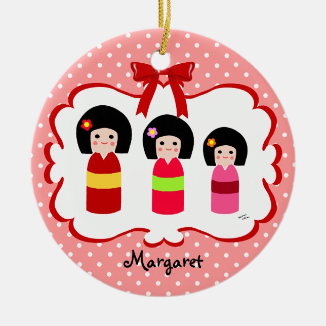 Adorno De Cerámica Lunar personalizado de las hermanas de Kokeshi (Frente)